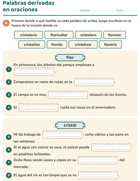 Vista previa de la hoja de Palabras primitivas y derivadas para grado 3