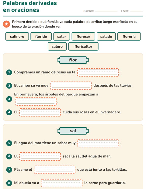 Vista previa de la hoja de Palabras primitivas y derivadas para grado 3