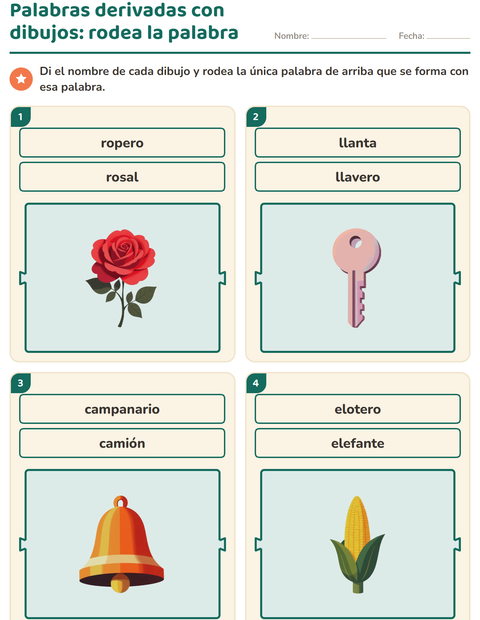 Vista previa de la hoja de Palabras primitivas y derivadas para grado 1