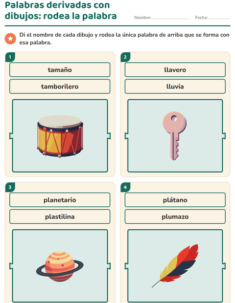 Vista previa de la hoja de Palabras primitivas y derivadas para grado 1