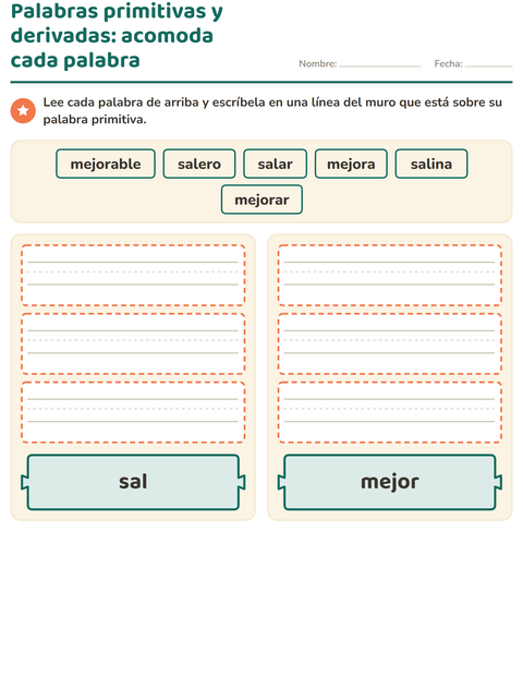 Vista previa de la hoja de Palabras primitivas y derivadas para grado 2