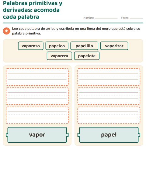 Vista previa de la hoja de Palabras primitivas y derivadas para grado 2