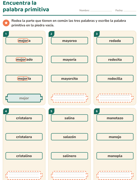 Vista previa de la hoja de Palabras primitivas y derivadas para grado 2