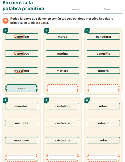Vista previa de la hoja de Palabras primitivas y derivadas para grado 2