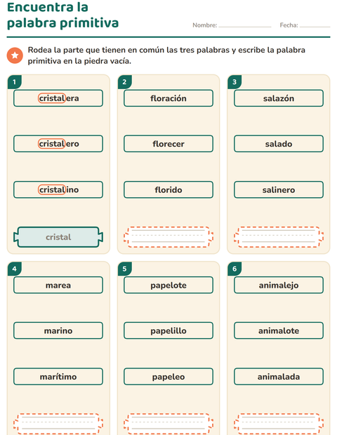 Vista previa de la hoja de Palabras primitivas y derivadas para grado 2