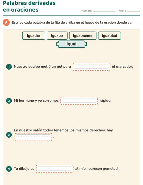 Vista previa de la hoja de Palabras primitivas y derivadas para grado 3