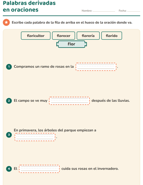Vista previa de la hoja de Palabras primitivas y derivadas para grado 3