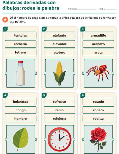 Vista previa de la hoja de Palabras primitivas y derivadas para grado 1