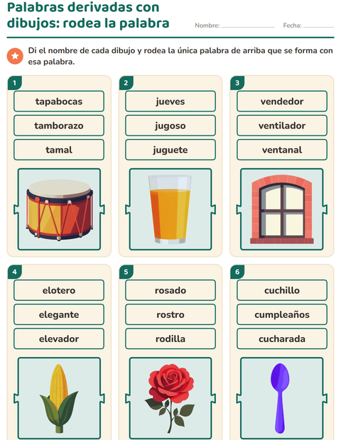 Vista previa de la hoja de Palabras primitivas y derivadas para grado 1