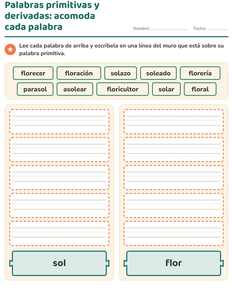 Vista previa de la hoja de Palabras primitivas y derivadas para grado 2