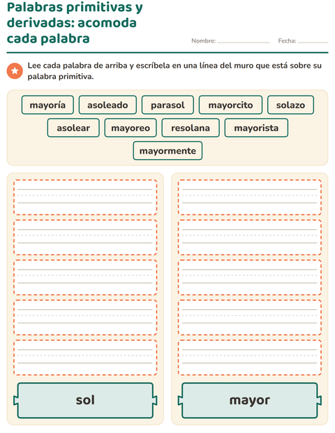Vista previa de la hoja de Palabras primitivas y derivadas para grado 2