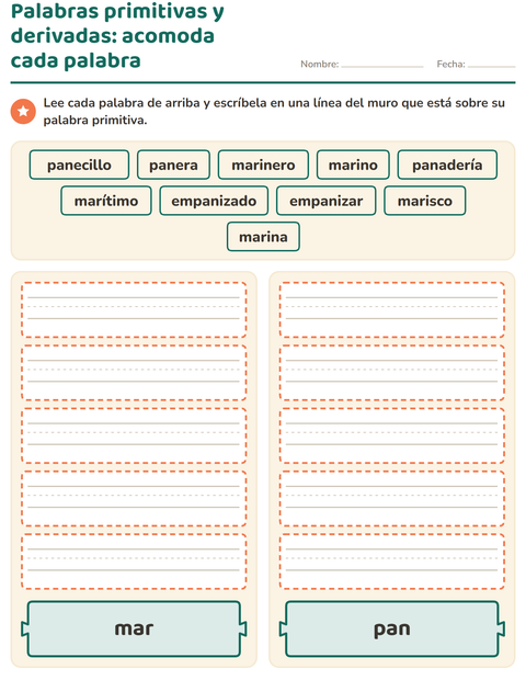 Vista previa de Palabras primitivas y derivadas: acomoda diez palabras sobre mar y pan