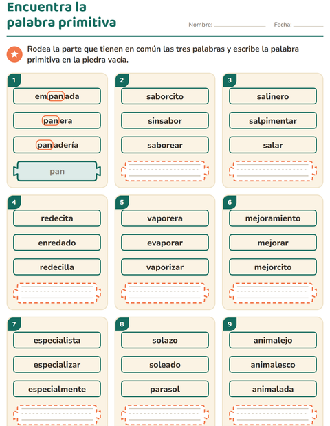 Vista previa de la hoja de Palabras primitivas y derivadas para grado 2