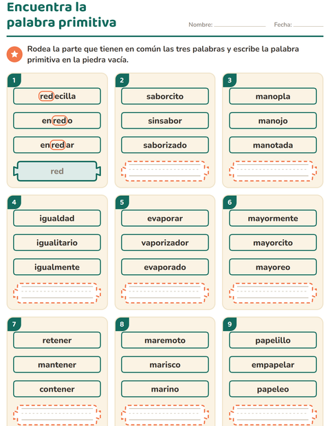 Vista previa de la hoja de Palabras primitivas y derivadas para grado 2