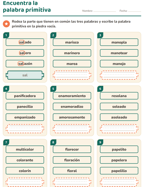 Encuentra la palabra primitiva: nueve grupos de tres palabras derivadas