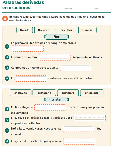 Vista previa de la hoja de Palabras primitivas y derivadas para grado 3