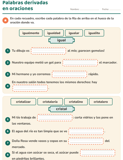 Vista previa de la hoja de Palabras primitivas y derivadas para grado 3