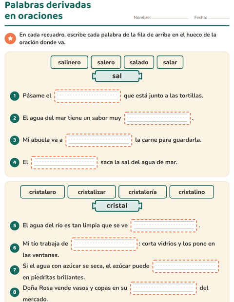 Vista previa de la hoja de Palabras primitivas y derivadas para grado 3