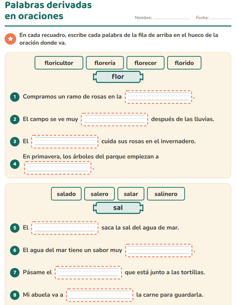 Palabras derivadas en oraciones: dos familias, ocho huecos