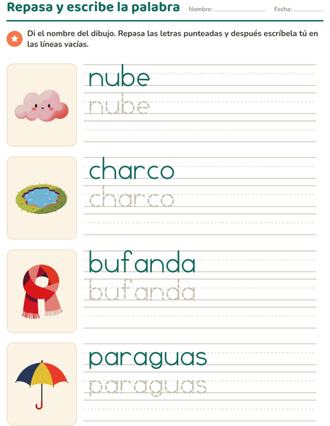 Vista previa de la hoja de Palabras punteadas con Clima para jardín infantil