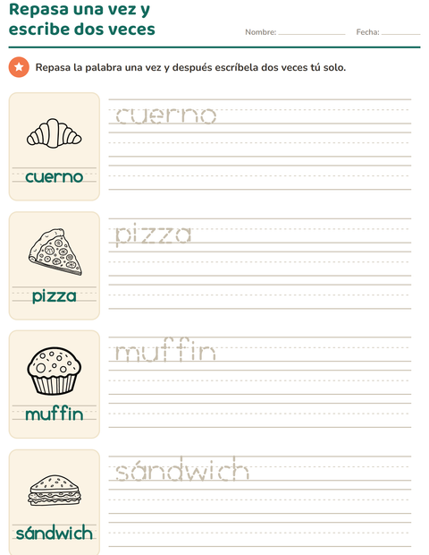 Vista previa de la hoja de Palabras punteadas con Comida BN 2 para jardín infantil