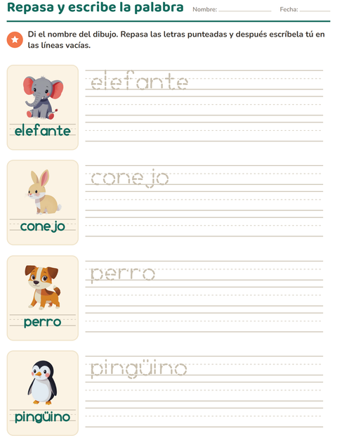 Vista previa de la hoja de Palabras punteadas con Animales para jardín infantil