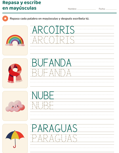 Vista previa de la hoja de Palabras punteadas con Clima para jardín infantil