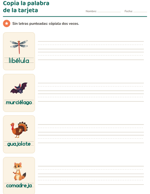 Vista previa de la hoja de Palabras punteadas con Criaturas del bosque para jardín infantil