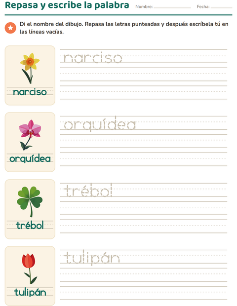 Vista previa de la hoja de Palabras punteadas con Flores para jardín infantil