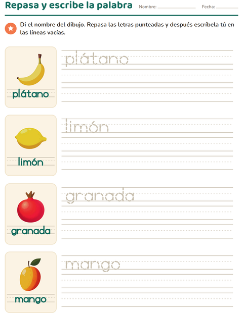 Vista previa de la hoja de Palabras punteadas con Frutas para jardín infantil