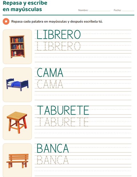 Vista previa de la hoja de Palabras punteadas con Muebles para jardín infantil