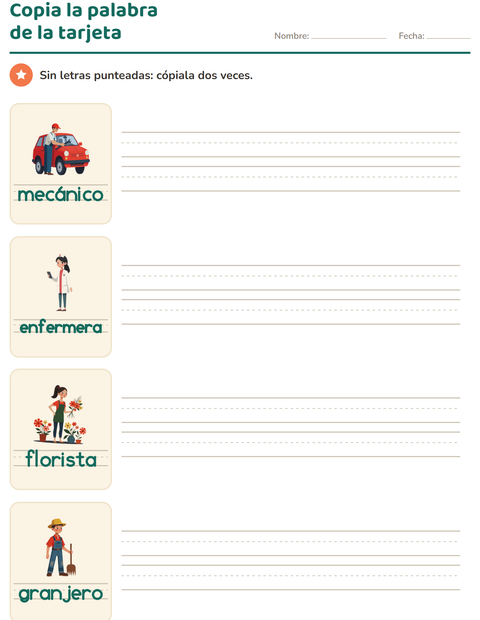 Vista previa de la hoja de Palabras punteadas con Ocupaciones para jardín infantil