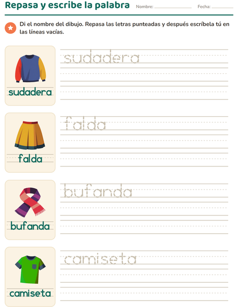 Vista previa de la hoja de Palabras punteadas con Ropa para jardín infantil
