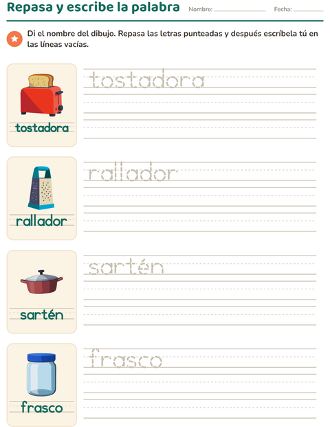 Vista previa de la hoja de Palabras punteadas con Utensilios de cocina para jardín infantil
