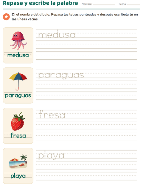 Vista previa de la hoja de Palabras punteadas con Verano para jardín infantil