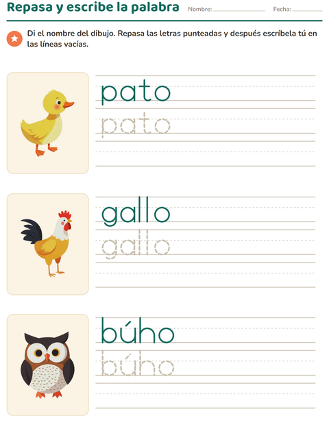 Vista previa de la hoja de Palabras punteadas con Aves 2 para jardín infantil