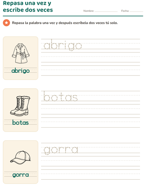 Vista previa de la hoja de Palabras punteadas con Ropa BN para jardín infantil