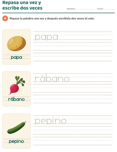 Vista previa de la hoja de Palabras punteadas con Verduras para jardín infantil