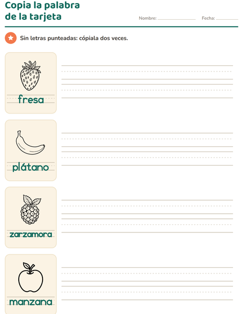 Vista previa de la hoja de Palabras punteadas con Frutas BN para jardín infantil