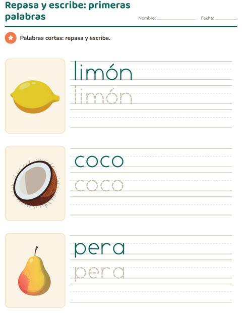 Repasa y escribe palabras cortas: nombres de frutas — preescolar