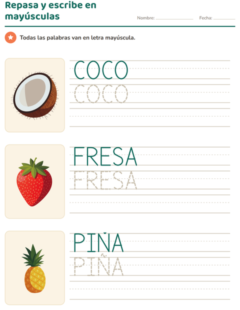 Repasa y escribe en mayúsculas: nombres de frutas en letra de imprenta — preescolar