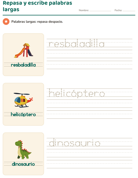 Repasa y escribe palabras largas: nombres de juguetes — preescolar