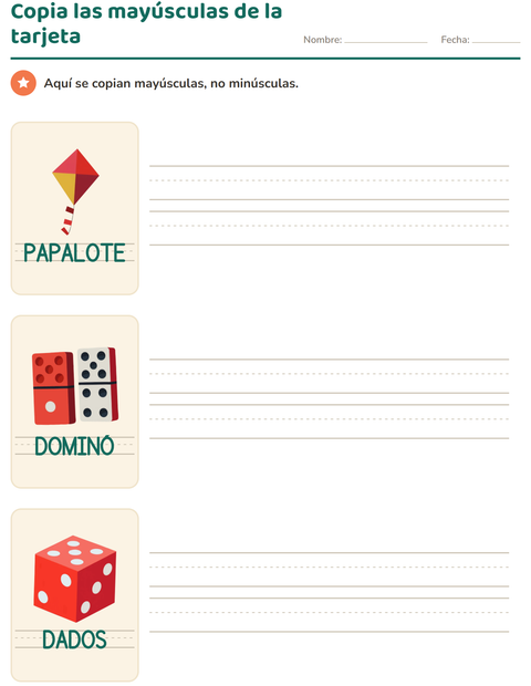 Copia las mayúsculas: el modelo está al pie de la tarjeta — preescolar