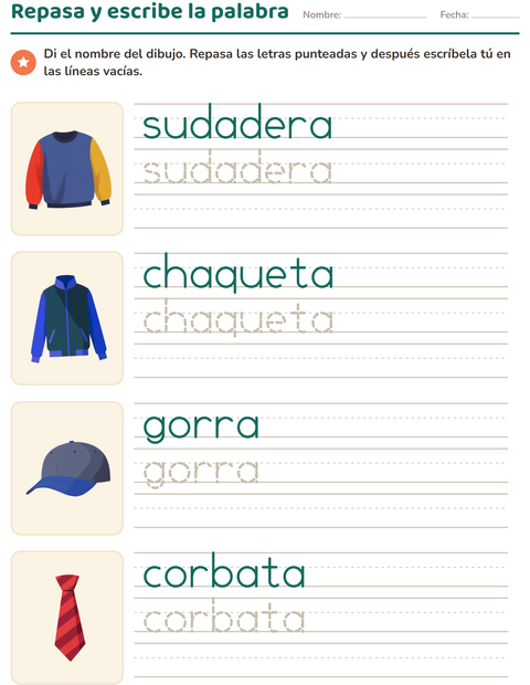 Vista previa de la hoja de Palabras punteadas con Ropa para jardín infantil