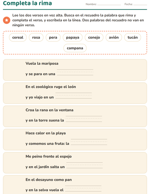 Vista previa de la hoja de Palabras que riman para grado 1