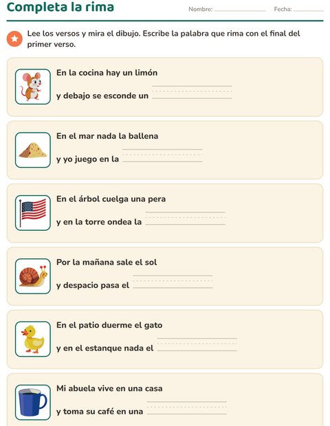 Completa la rima: escribe la palabra que falta en seis versos — primer grado