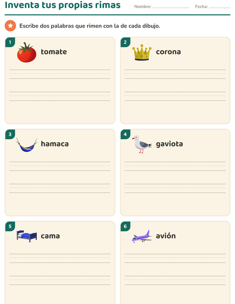 Vista previa de la hoja de Palabras que riman para grado 1