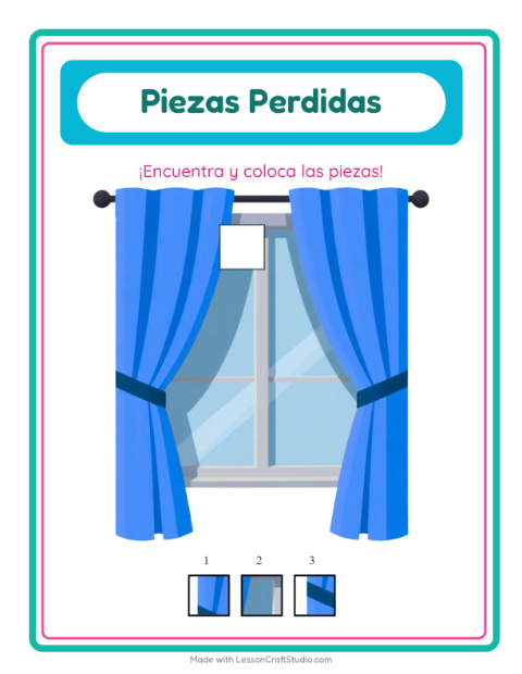 Vista previa de la hoja de Piezas Faltantes con Alrededor de la casa para jardín infantil