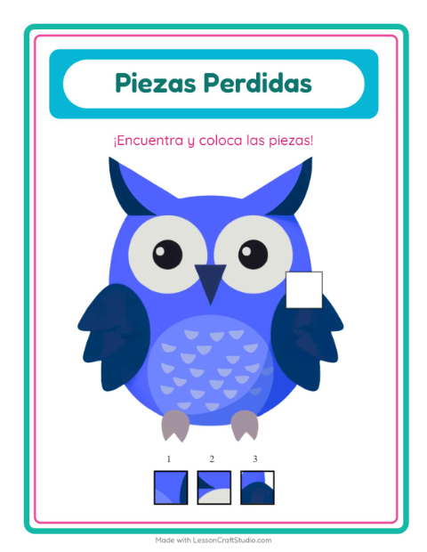 Vista previa de la hoja de Piezas Faltantes con Animales para jardín infantil