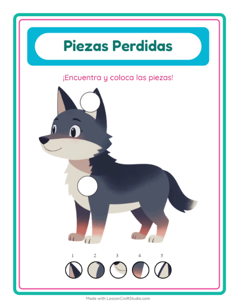 Vista previa de la hoja de Piezas Faltantes con Animales para jardín infantil